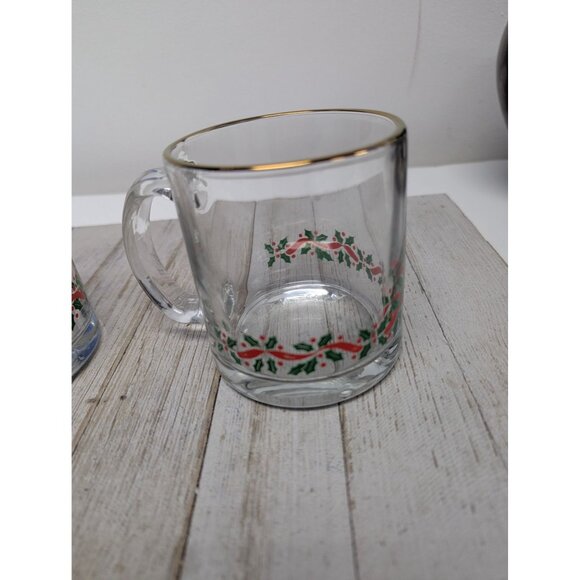 Vintage Libbey Christmas Glass Mug Holly, Gold Trim Set of 2 Holiday - Picture 3 of 8